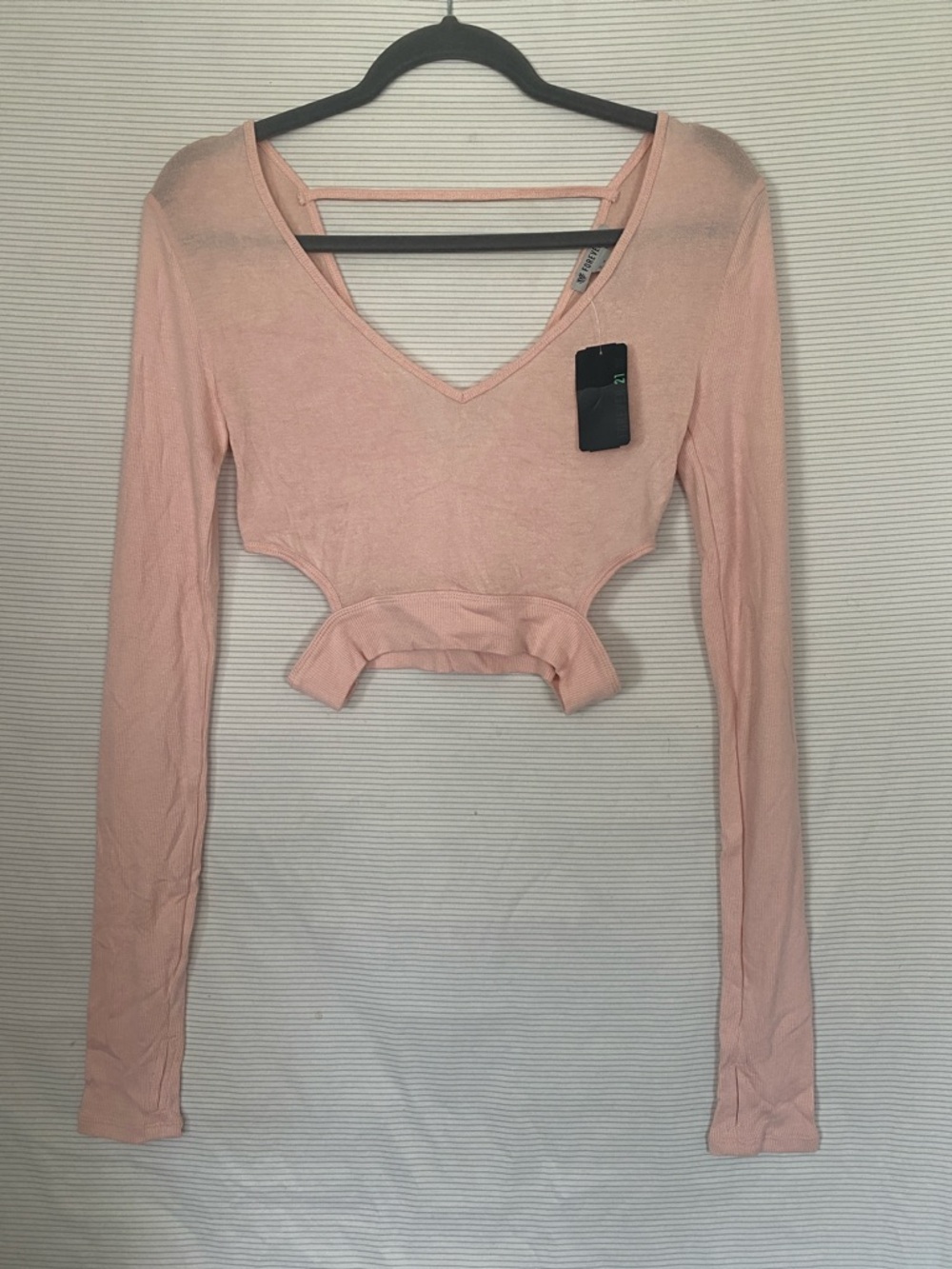 Forever 21 Light Pink Long-Sleeve V-Neck Cutout Crop Top
